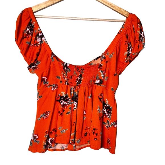 Free People Orange Floral Button Down Top XL Off Shoulder Smocked Back Boho - Picture 4 of 4